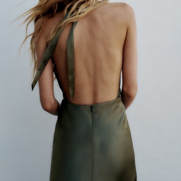 Zara Olive Light Green Satin Deep V Backless Tie-Up Lined Dress NEW - Picture 2 of 13